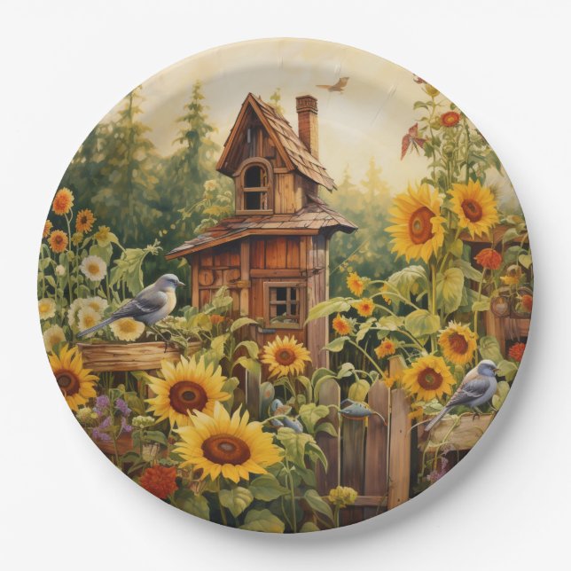 Sunflower Garden 8 Bird Houses Blue Birds Paper Plate (Front)