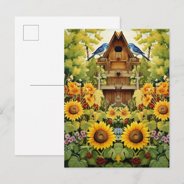 Sunflower Garden Bird Houses Blue Birds Postcard (Front/Back)