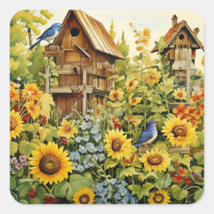 Sunflower Garden Bird Houses Blue Birds Square Sticker