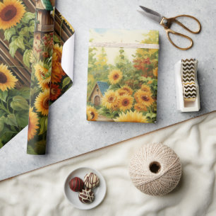 Sunflower Garden Bird Houses Wrapping Paper