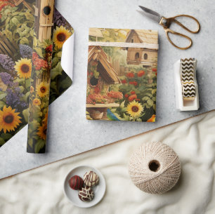 Sunflower Garden Bird Houses Wrapping Paper