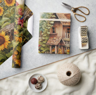 Sunflower Garden Bird Houses Wrapping Paper