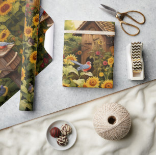 Sunflower Garden Bird Houses Wrapping Paper
