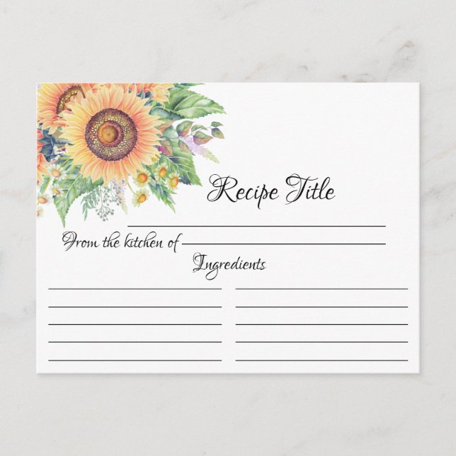 Sunflower Garden Bridal Shower Recipe Card  (Front)
