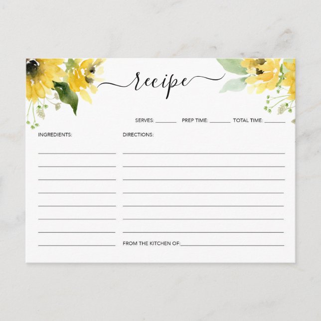Sunflower Garden Bridal Shower Recipe Postcard (Front)