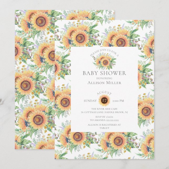 Sunflower Garden Floral  Baby Shower Invitation (Front/Back)