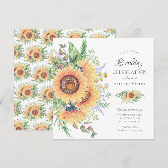 Sunflower Garden Floral Birthday  Invitation (Front/Back)