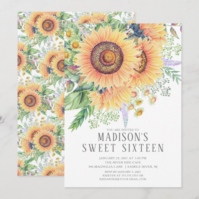 Sunflower Garden Floral Sweet Sixteen Party  Invitation (Front/Back)