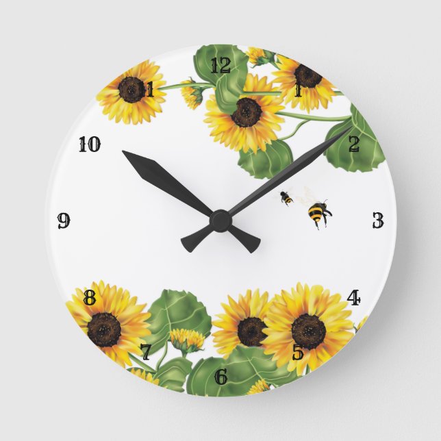 Sunflower Garden Honey Bee Round Clock (Front)