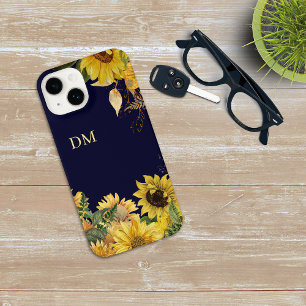 Sunflower Garden on Navy Blue Monogram iPhone 14 Case