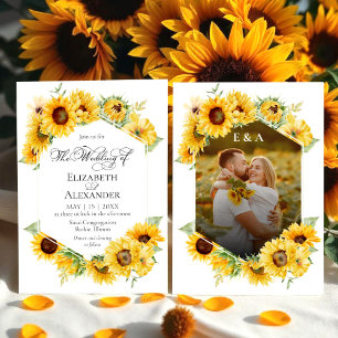 Sunflower Geometric Autumn Fall Photo Wedding Invitation
