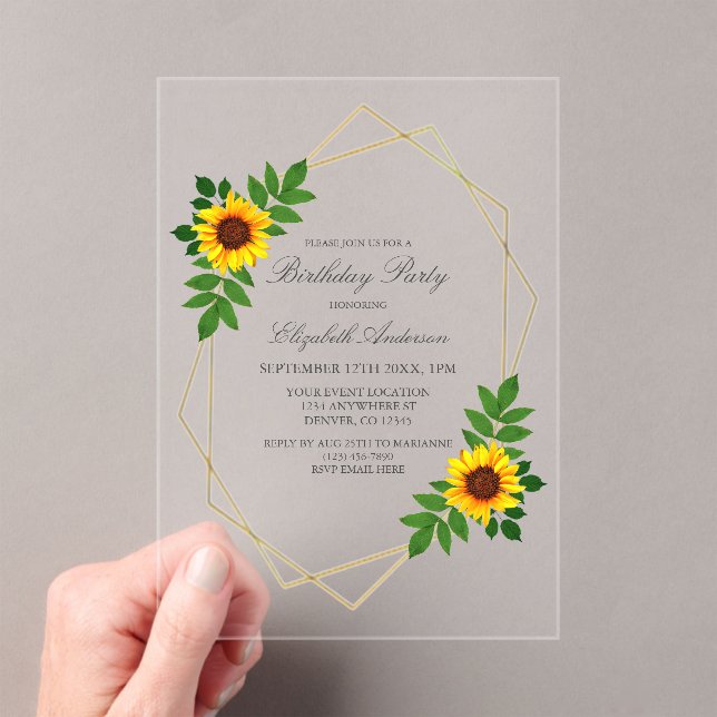 Sunflower Geometric Birthday Acrylic Invitations (Insitu (Handheld))