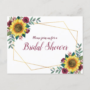 Sunflower Geometric Burgundy Floral Bridal Shower Invitation Postcard