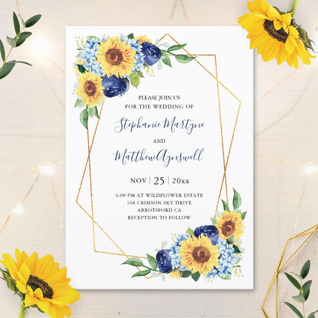 Sunflower Geometric Dusty Blue Floral Wedding Invitation (Creator Uploaded)