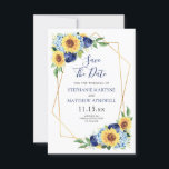 Sunflower Geometric Dusty Blue Navy Floral Wedding Save The Date<br><div class="desc">These save the date cards feature a watercolor floral design with sunflowers,  dusty blue hydrangeas and navy roses with faux gold geometric frame. Personalise these cards with your own text. Matching products available.</div>