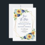 Sunflower Geometric Dusty Blue Navy Floral Wedding Save The Date<br><div class="desc">These save the date cards feature a watercolor floral design with sunflowers,  dusty blue hydrangeas and navy roses with faux gold geometric frame. Personalise these cards with your own text. Matching products available.</div>