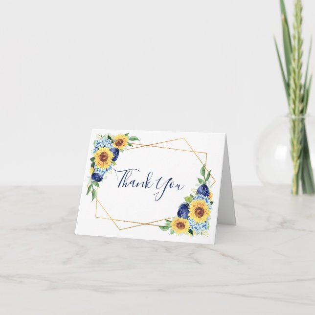 Sunflower Geometric Dusty Blue Navy Floral Wedding Thank You Card (Front)