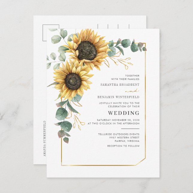Sunflower Geometric Eucalyptus Floral Wedding Invitation Postcard (Front/Back)
