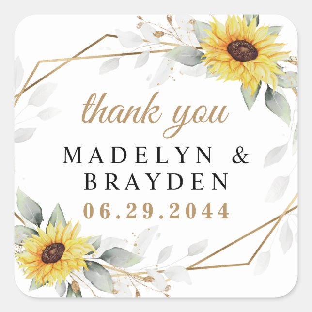Sunflower Geometric Greenery Wedding Thank You Square Sticker (Front)