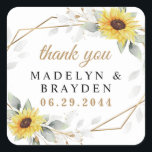 Sunflower Geometric Greenery Wedding Thank You Square Sticker<br><div class="desc">Design features watercolor greenery,  sunflowers,  printed gold elements and airy botanical leaves over a printed gold coloured geometric frame.</div>