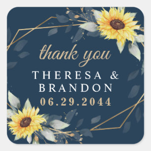 Sunflower Geometric Navy Blue Wedding Thank You Square Sticker