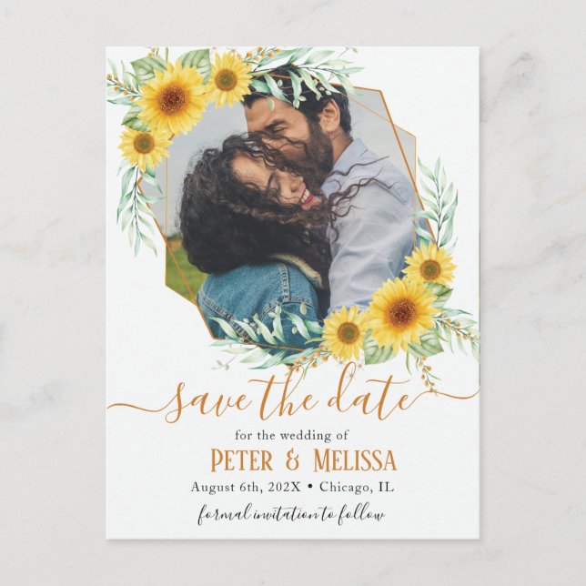 Sunflower Geometric Photo Save the Date Holiday Postcard (Front)