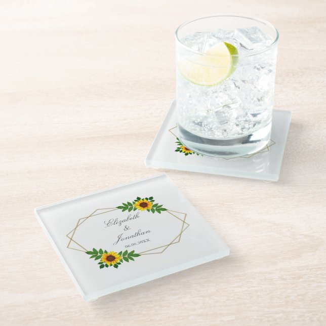 Sunflower Geometric Wedding Glass Coaster (Angled)