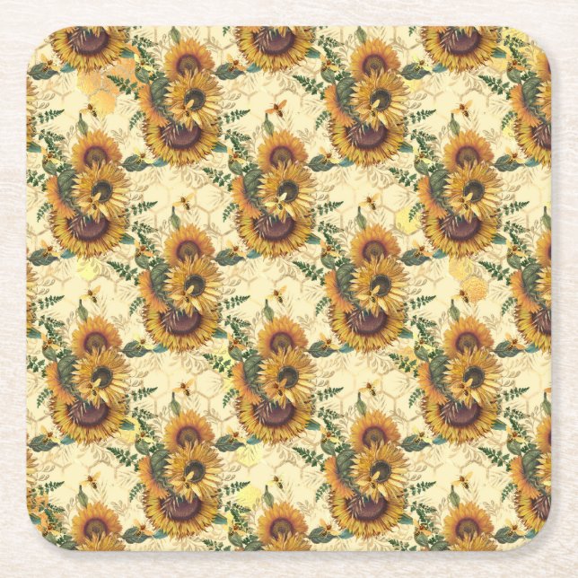 Sunflower Gifts | Sunflower Turn Surrounded Square Paper Coaster (Front)