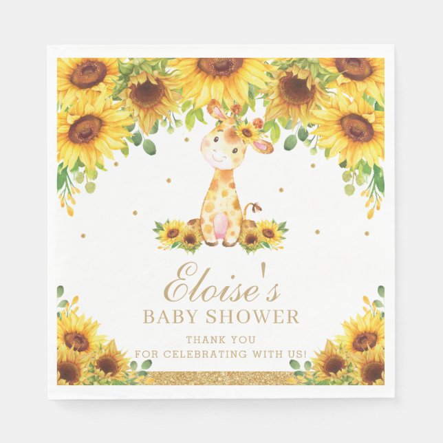 Sunflower Giraffe Baby Shower Birthday Party Napkin (Front)