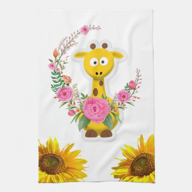 Sunflower Giraffe Floral Kitchen Towel (Vertical)