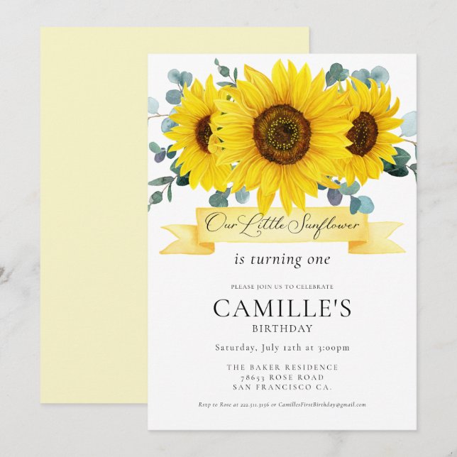 Sunflower Girl 1st Birthday Invitation (Front/Back)