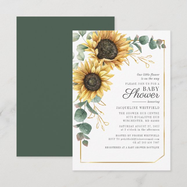 Sunflower Girl Baby Shower Eucalyptus Geometric Invitation (Front/Back)