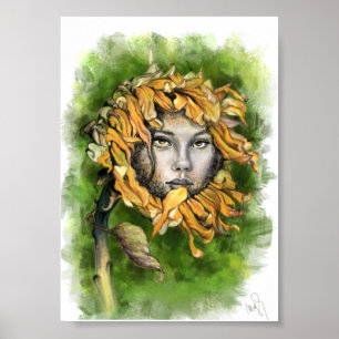 Sunflower Girl Surrealism Poster Print - Painting