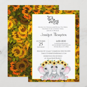 Sunflower Girls Twin Elephant Baby Shower Invitation