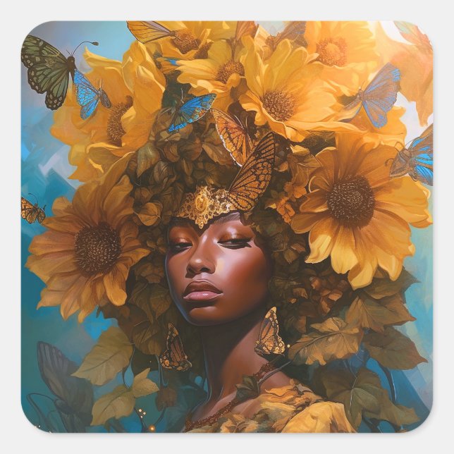Sunflower Goddess Fantasy Art Square Sticker (Front)