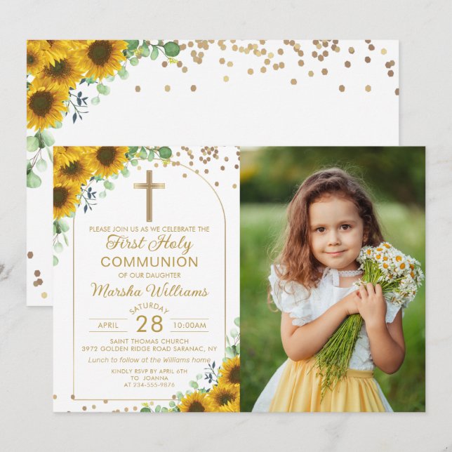 Sunflower Gold Arch First Holy Communion Photo Invitation (Front/Back)