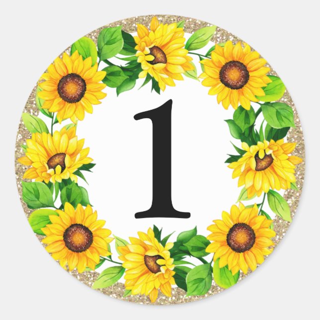 Sunflower & Gold Baby Girl Birthday Custom Number Classic Round Sticker (Front)