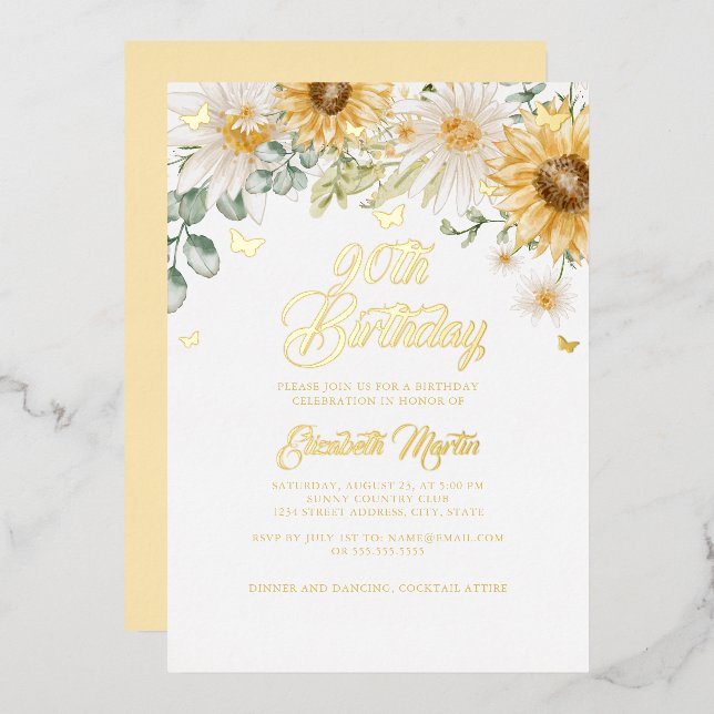 Sunflower Gold Butterfly 90th Birthday Party  (Front/Back)