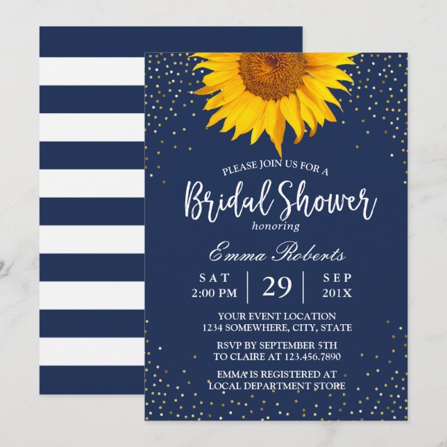 Sunflower Gold Confetti Navy Blue Bridal Shower Invitation (Front/Back)