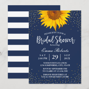 Sunflower Gold Confetti Navy Blue Bridal Shower Invitation