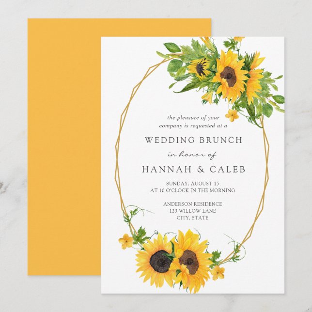 Sunflower Gold Geometric Frame Wedding Brunch Invitation (Front/Back)