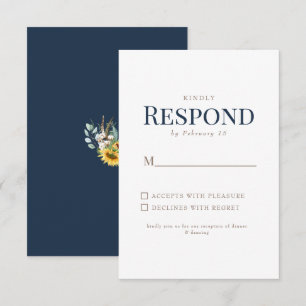 Sunflower Gold & Navy Text Wedding RSVP Card