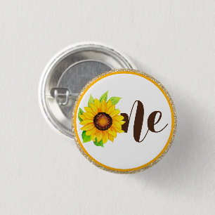 Sunflower & Gold ONE Baby Girl 1st Birthday Party 3 Cm Round Badge