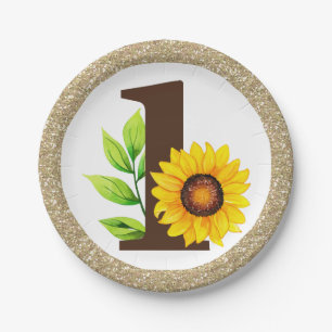 Sunflower & Gold ONE Baby Girl 1st Birthday Party Paper Plate