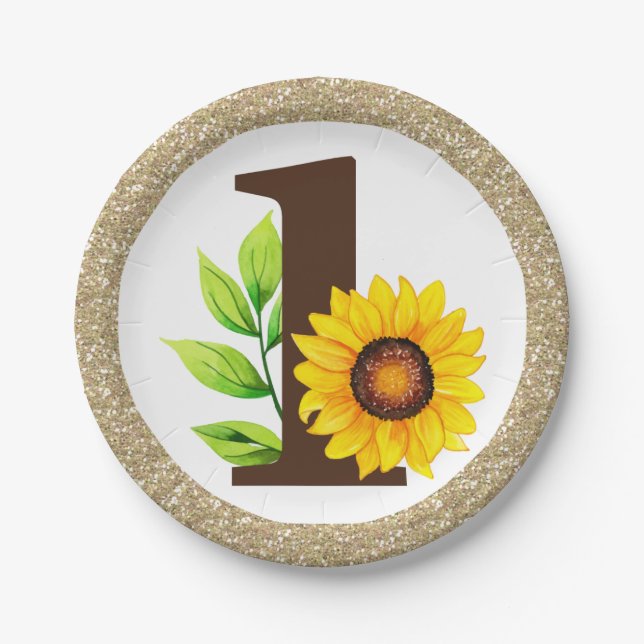 Sunflower & Gold ONE Baby Girl 1st Birthday Party Paper Plate (Front)