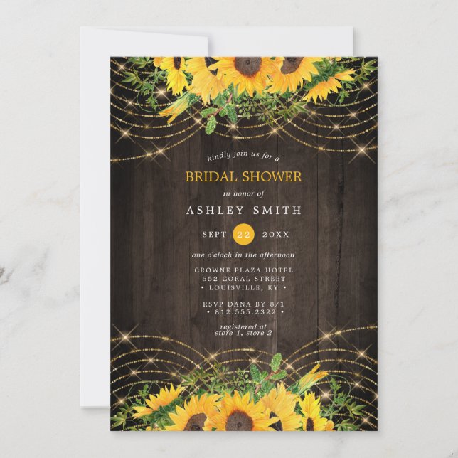 Sunflower Gold String Lights Rustic Bridal Shower Invitation (Front)