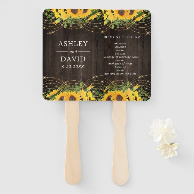 Sunflower Gold String Lights Rustic Wedding Hand Fan (Front and Back)