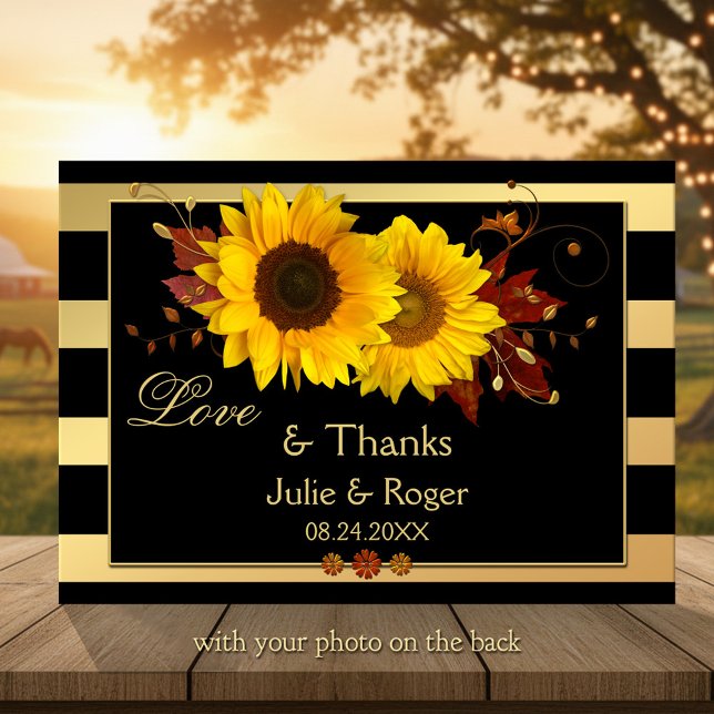 Sunflower Gold Stripe Photo Wedding Thank You Card (Thank You card featuring festive sunflowers, fall leaves and floral swirls on chic gold stripes)