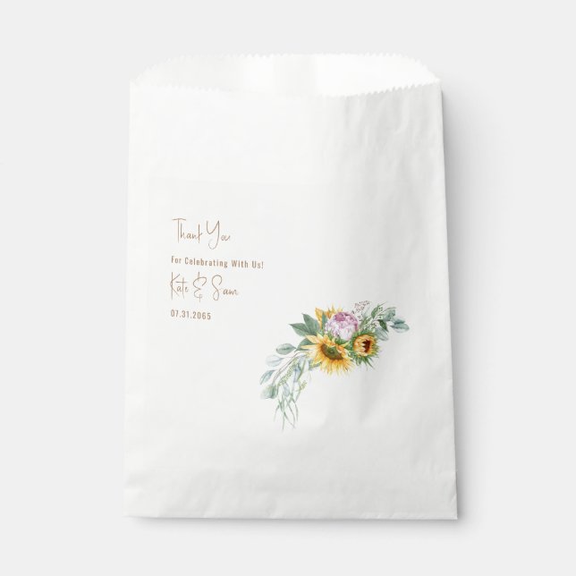 Sunflower Gold Text White Wedding Favour Bags (Front)