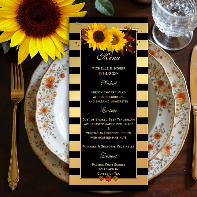 Sunflower Gold Wedding or Thanksgiving Menu Card (Menu card featuring festive sunflowers with autumn leaves and rose gold floral swirls on chic gold)